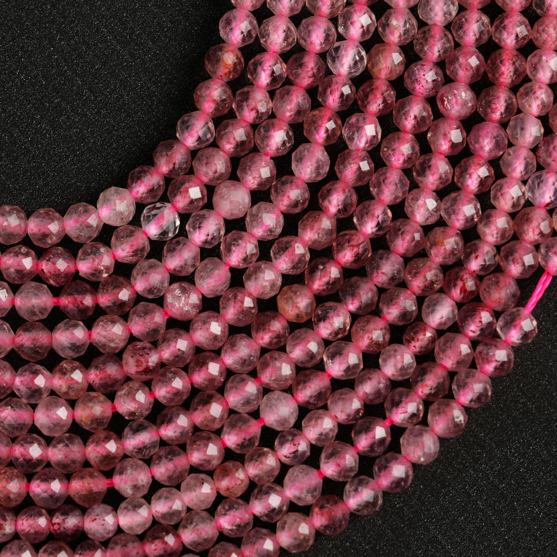 Natural Strawberry Quartz Gemstone Round Micro Faceted Beads String 15.5 Inches Long 2/3/4/6 MM for Jewelry Making and Crafting - AS & JG