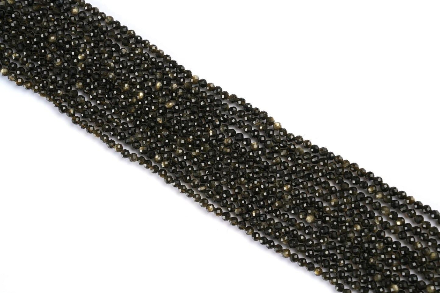 Natural Golden Obsidian Gemstone Round Micro Faceted Beads String 15.5 Inches Long 2/3/4/6 MM for Jewelry Making and Crafting - AS & JG