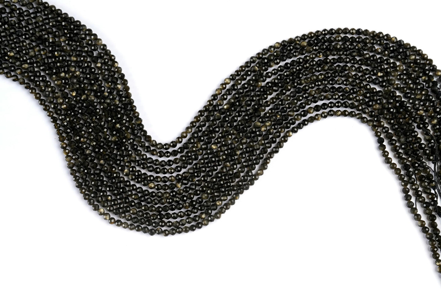 Natural Golden Obsidian Gemstone Round Micro Faceted Beads String 15.5 Inches Long 2/3/4/6 MM for Jewelry Making and Crafting - AS & JG