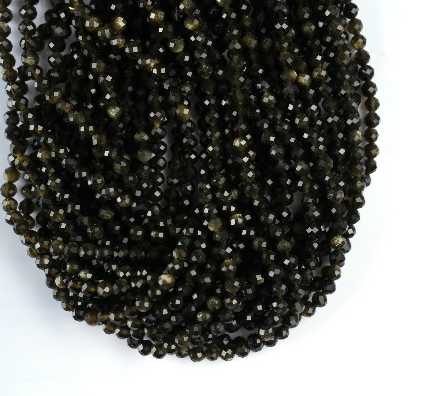Natural Golden Obsidian Gemstone Round Micro Faceted Beads String 15.5 Inches Long 2/3/4/6 MM for Jewelry Making and Crafting - AS & JG