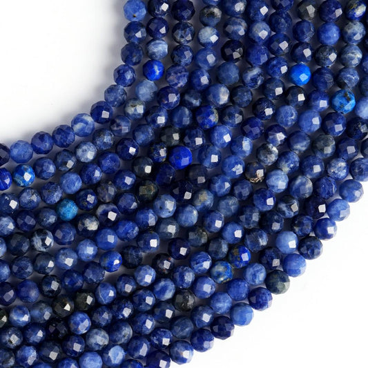 Natural Sodalite Gemstone Round Micro Faceted Beads String 15.5 Inches Long 2/3/4/6 MM for Jewelry Making and Crafting - AS & JG