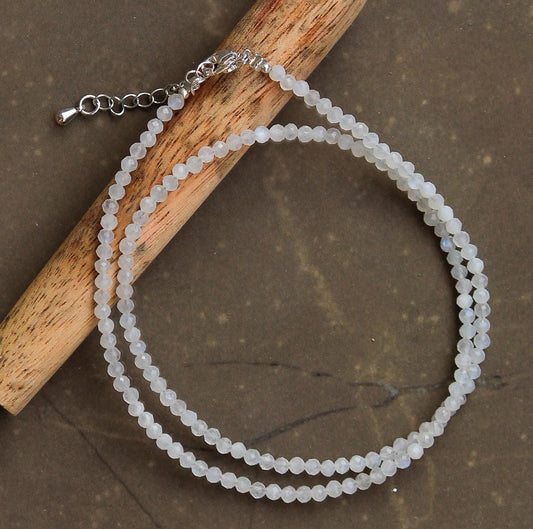 Genuine Rainbow Moonstone Beads Necklace / Handcrafted Adjustable Mala Necklace / 3 MM Round Micro Faceted Beaded Necklace Jewelry - AS & JG