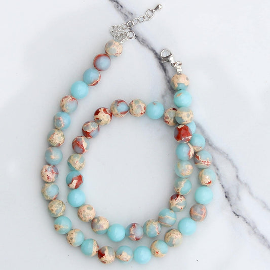 Genuine Aqua Terra Jasper Beads Necklace / Handcrafted Adjustable Mala Necklace / 8 MM Round Smooth Beaded Necklace Jewelry For Her- AS & JG