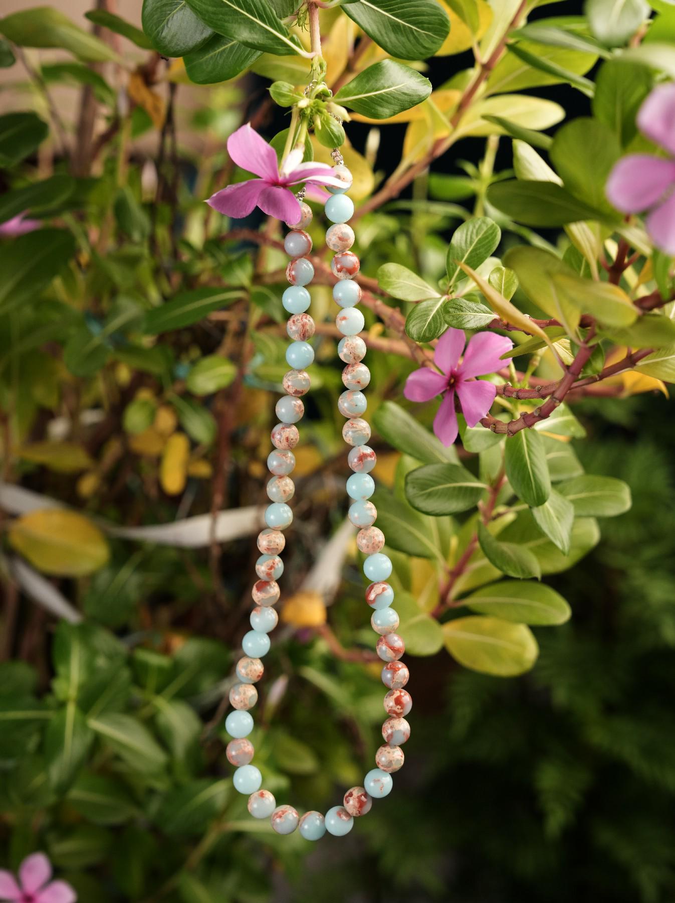 Genuine Aqua Terra Jasper Beads Necklace / Handcrafted Adjustable Mala Necklace / 8 MM Round Smooth Beaded Necklace Jewelry For Her- AS & JG