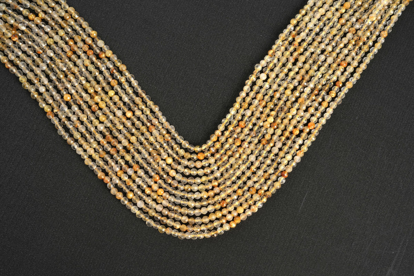 Natural Golden Rutile Quartz Gemstone Round Micro Faceted Beads String 15.5 Inches Long 2/3/4/6 MM for Jewelry Making and Crafting - AS & JG