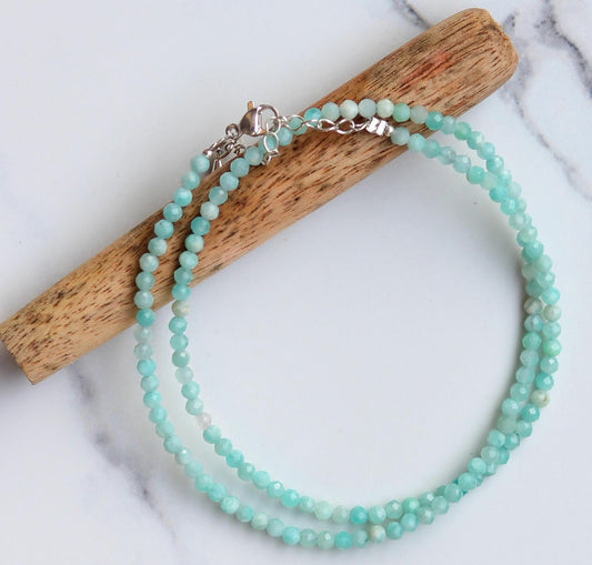 Genuine Amazonite Beads Necklace / Handcrafted Adjustable Mala Necklace / 3 MM Round Micro Faceted Beaded Necklace Jewelry - AS & JG