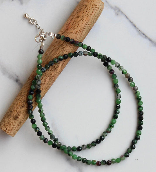 Genuine Ruby Zoisite Beads Necklace / Handcrafted Adjustable Mala Necklace / 3 MM Round Micro Faceted Beaded Necklace Jewelry - AS & JG