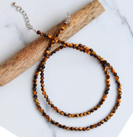 Genuine Tiger's Eye Beads Necklace / Handcrafted Adjustable Mala Necklace / 3 MM Round Micro Faceted Beaded Necklace Jewelry - AS & JG