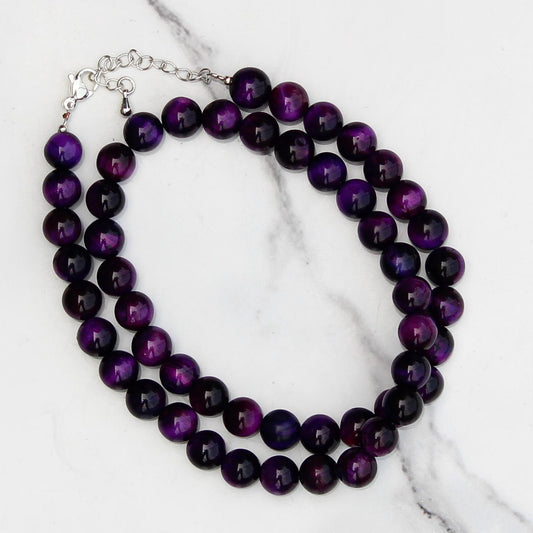 Genuine Purple Tiger's Eye Beads Necklace / Handcrafted Adjustable Mala Necklace / 8 MM Round Smooth Beaded Necklace Jewelry For Her - AS&JG