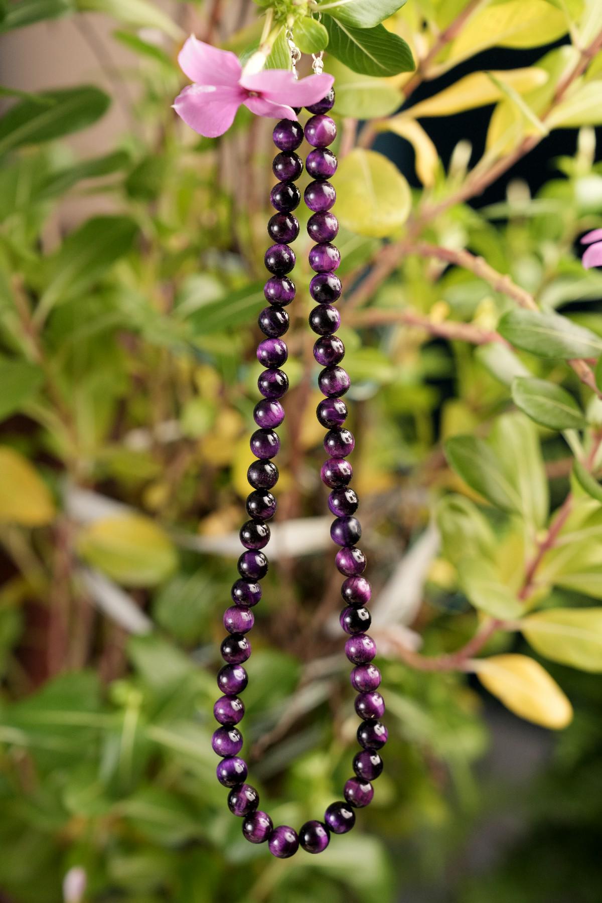 Genuine Purple Tiger's Eye Beads Necklace / Handcrafted Adjustable Mala Necklace / 8 MM Round Smooth Beaded Necklace Jewelry For Her - AS&JG