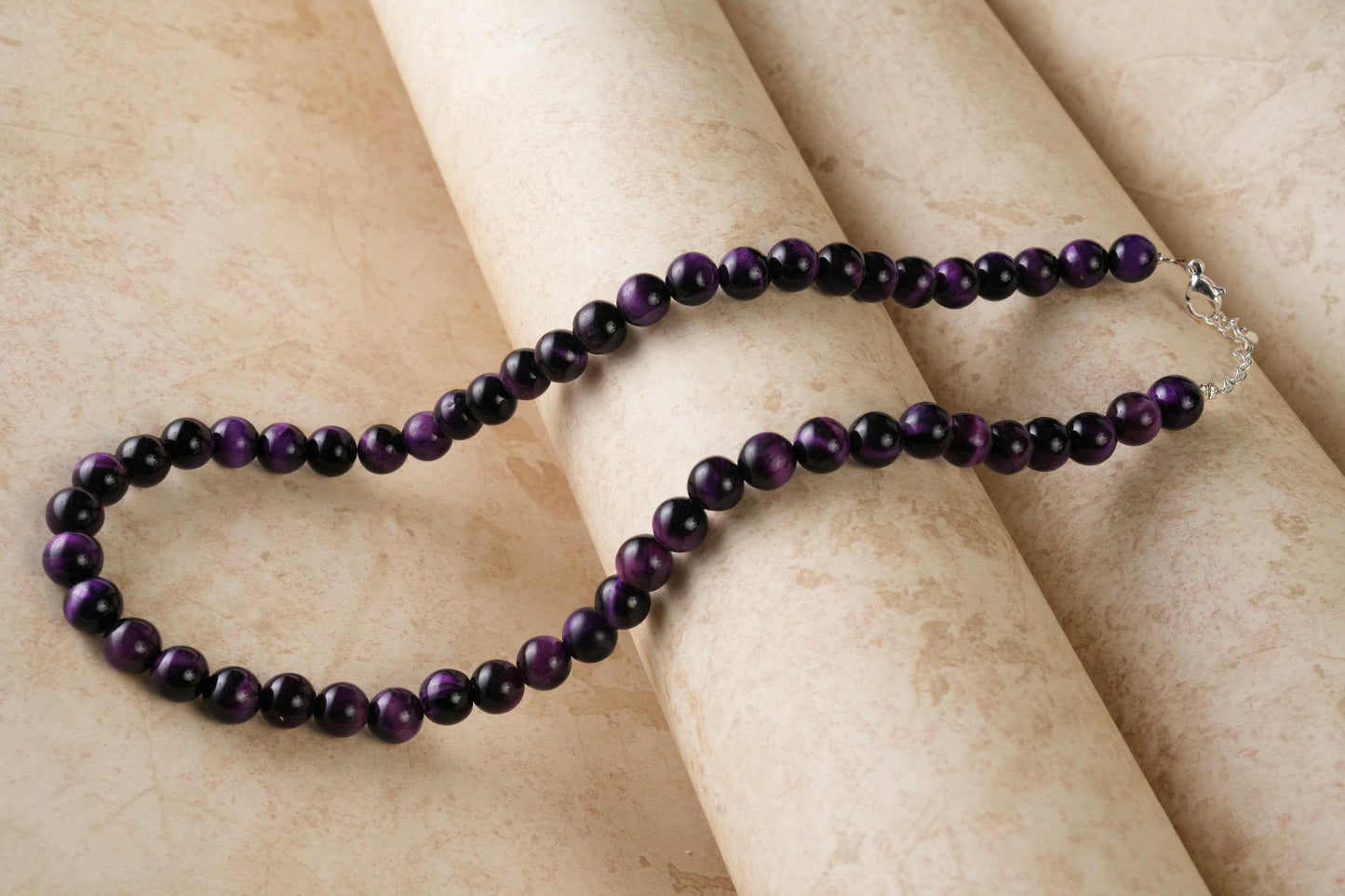 Genuine Purple Tiger's Eye Beads Necklace / Handcrafted Adjustable Mala Necklace / 8 MM Round Smooth Beaded Necklace Jewelry For Her - AS&JG