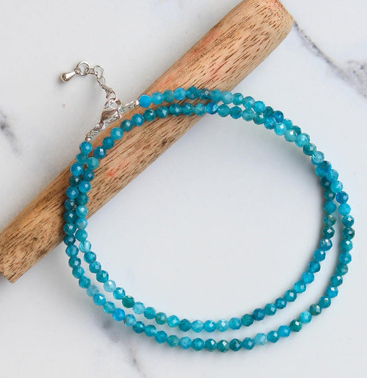 Genuine Blue Apatite Beads Necklace / Handcrafted Adjustable Mala Necklace / 3 MM Round Micro Faceted Beaded Necklace Jewelry - AS & JG