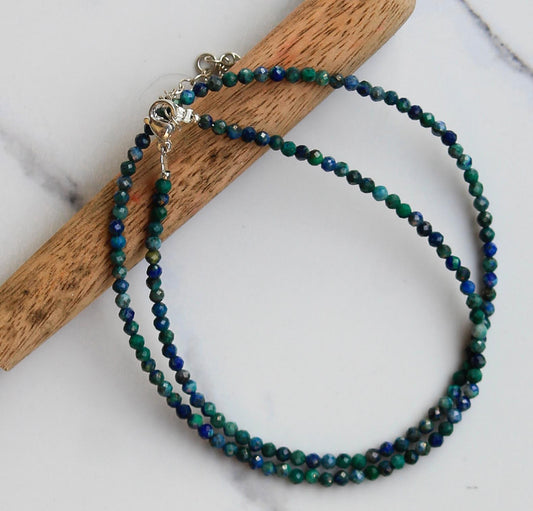 Genuine Azurite Malachite Beads Necklace / Handcrafted Adjustable Mala Necklace / 3 MM Round Micro Faceted Beaded Necklace Jewelry - AS & JG