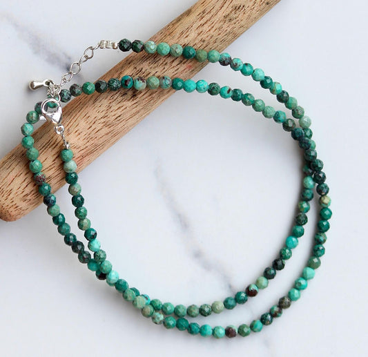 Genuine Chrysocolla Beads Necklace / Handcrafted Adjustable Mala Necklace / 3 MM Round Micro Faceted Beaded Necklace Jewelry - AS & JG
