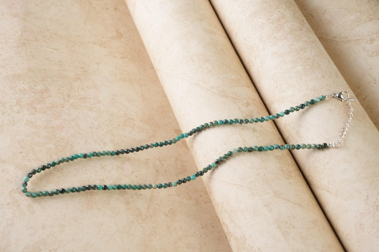 Genuine Chrysocolla Beads Necklace / Handcrafted Adjustable Mala Necklace / 3 MM Round Micro Faceted Beaded Necklace Jewelry - AS & JG