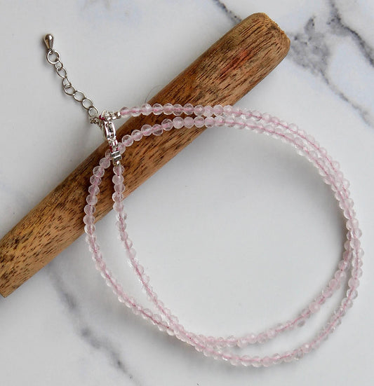 Genuine Rose Quartz Beads Necklace / Handcrafted Adjustable Mala Necklace / 3 MM Round Micro Faceted Beaded Necklace Jewelry - AS & JG