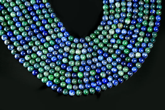 Natural Azurite Malachite Gemstone Round Smooth Beads String 15.5 Inches Long 4/6/8/10 MM for Jewelry Making and Crafting - AS & JG