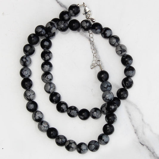 Genuine Snowflake Obsidian Beads Necklace / Handcrafted Adjustable Mala Necklace / 8 MM Round Smooth Beaded Necklace Jewelry For Her - AS&JG