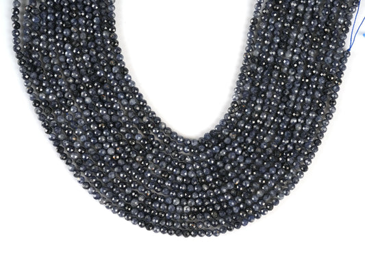Natural Blue Sapphire Gemstone Round Micro Faceted Beads String 15.5 Inches Long 2/3/4/6 MM for Jewelry Making and Crafting - AS & JG