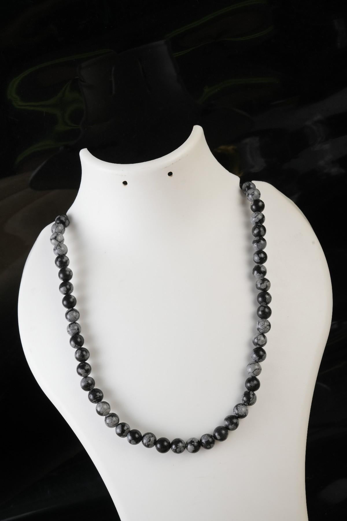 Genuine Snowflake Obsidian Beads Necklace / Handcrafted Adjustable Mala Necklace / 8 MM Round Smooth Beaded Necklace Jewelry For Her - AS&JG