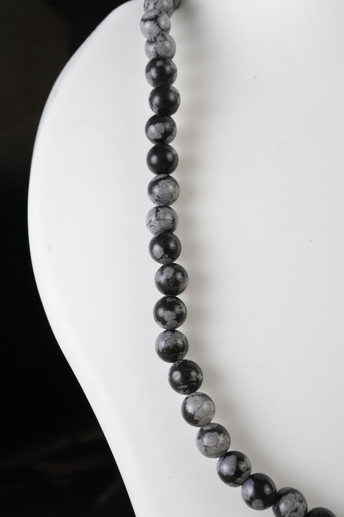 Genuine Snowflake Obsidian Beads Necklace / Handcrafted Adjustable Mala Necklace / 8 MM Round Smooth Beaded Necklace Jewelry For Her - AS&JG