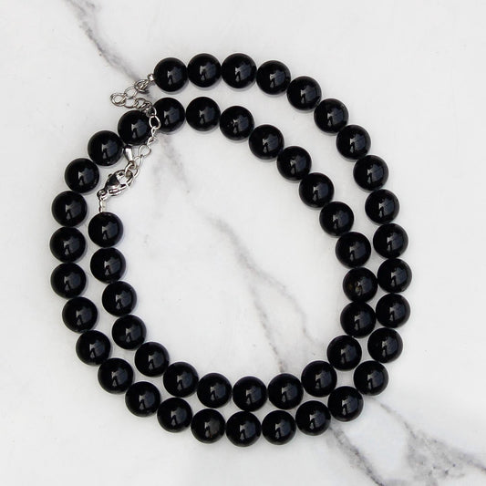 Genuine Black Tourmaline Beads Necklace / Handcrafted Adjustable Mala Necklace / 8 MM Round Smooth Beaded Necklace Jewelry For Her - AS & JG