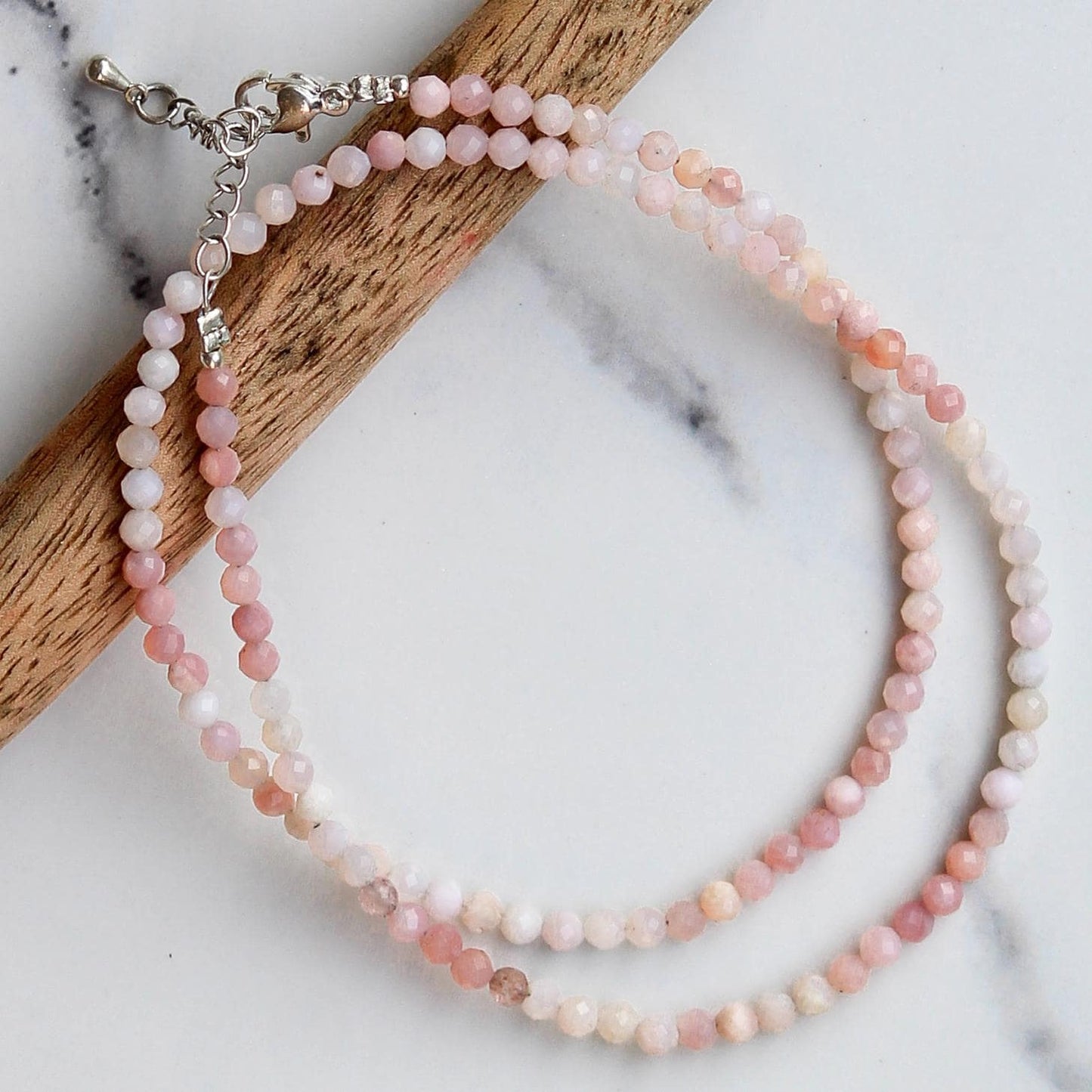 Genuine Pink Opal Beads Necklace / Handcrafted Adjustable Mala Necklace / 3 MM Round Micro Faceted Beaded Necklace Jewelry - AS & JG