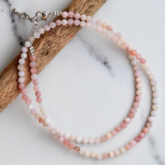 Genuine Pink Opal Beads Necklace / Handcrafted Adjustable Mala Necklace / 3 MM Round Micro Faceted Beaded Necklace Jewelry - AS & JG