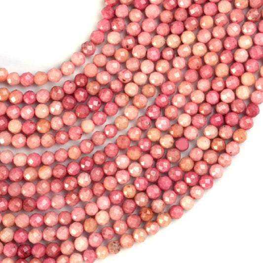 Natural Pink Rhodonite Gemstone Round Micro Faceted Beads String 15.5 Inches Long 2/3/4/6 MM for Jewelry Making and Crafting - AS & JG