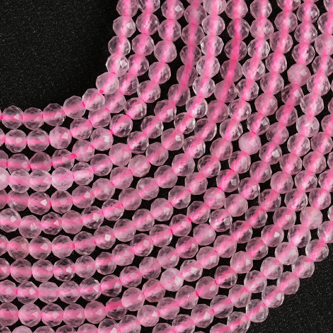 Natural Rose Quartz Gemstone Round Micro Faceted Beads String 15.5 Inches Long 2/3/4/6 MM for Jewelry Making and Crafting - AS & JG