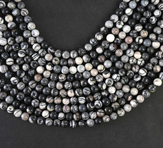 Natural Black Spider Web Jasper Gemstone Round Smooth Beads String 15.5 Inches Long 4/6/8/10 MM for Jewelry Making and Crafting - AS & JG