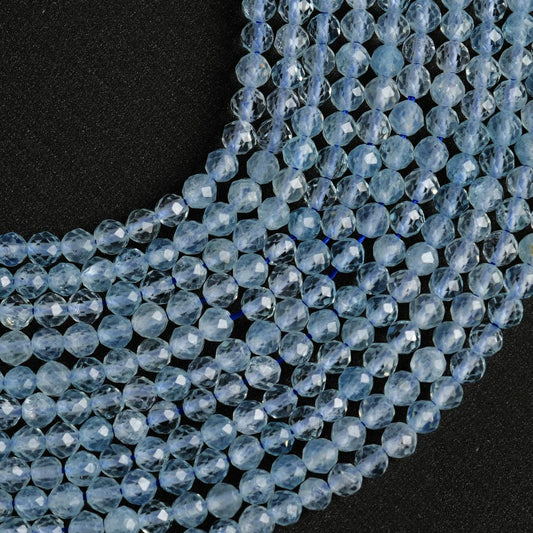 Natural Aquamarine Gemstone Round Micro Faceted Beads String 15.5 Inches Long 2/3/4/6 MM for Jewelry Making and Crafting - AS & JG