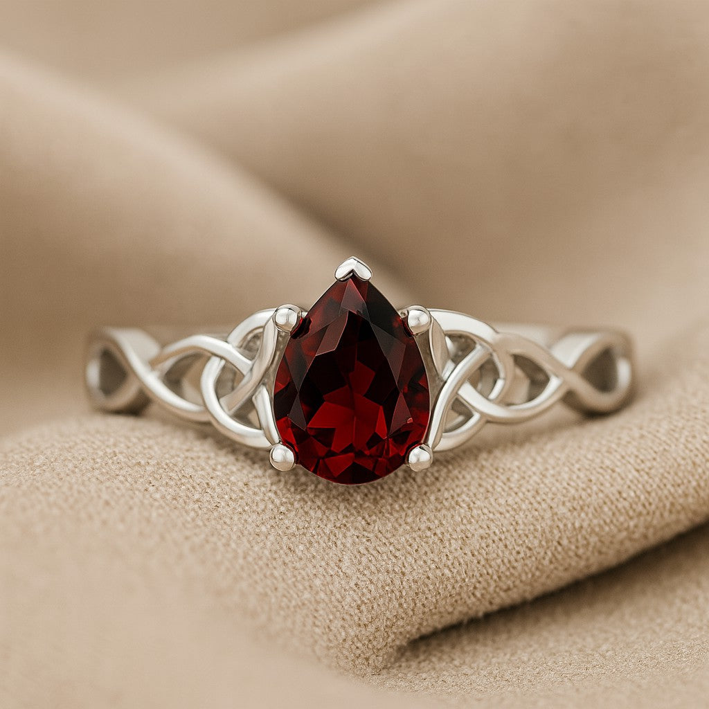 Celtic Knot Pear Solitaire Ring | Sterling Silver Birthstone Ring | Genuine Gemstone Studded Ring | Personalized Promise Ring | Gift for Her