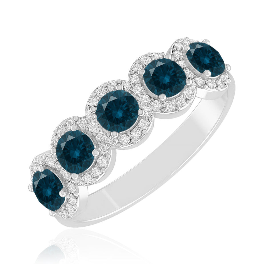 Five Stone Halo Ring | Half Eternity Ring | Sterling Silver Birthstone Ring | Genuine Gemstone & Diamond Studded Ring | Personalized Promise Ring | Gift for Her