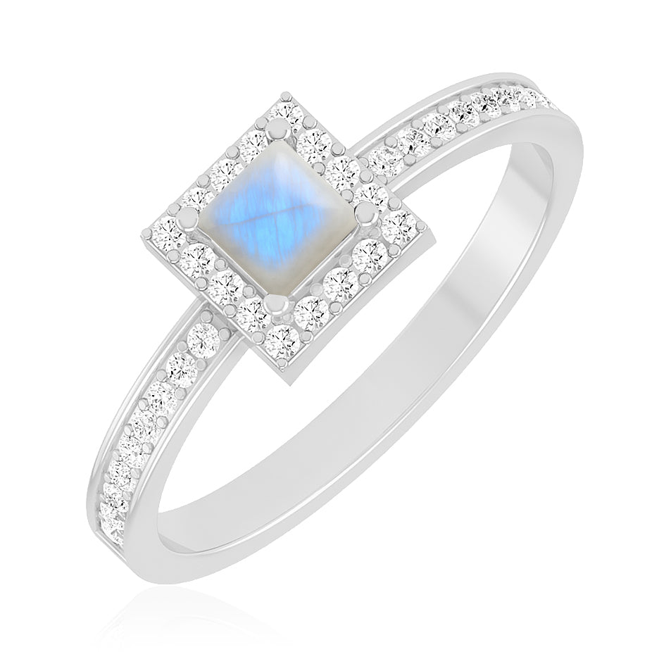 Princess Halo Solitaire Ring | Sterling Silver Birthstone Ring | Genuine Gemstone & Diamond Studded Ring | Personalized Promise Ring | Gift for Her