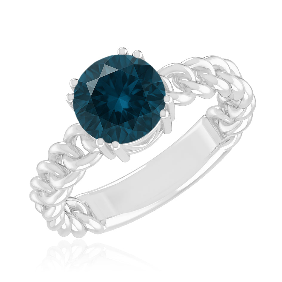 Chain Link Solitaire Ring | Sterling Silver Birthstone Ring | Genuine Gemstone & Diamond Studded Ring | Personalized Promise Ring | Gift for Her
