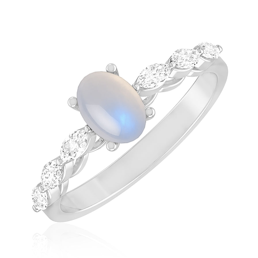 Oval Solitaire Ring with Marquise Diamond Accents | Sterling Silver Birthstone Ring | Genuine Gemstone & Diamond Studded Ring | Personalized Promise Ring | Gift for Her (Copy)
