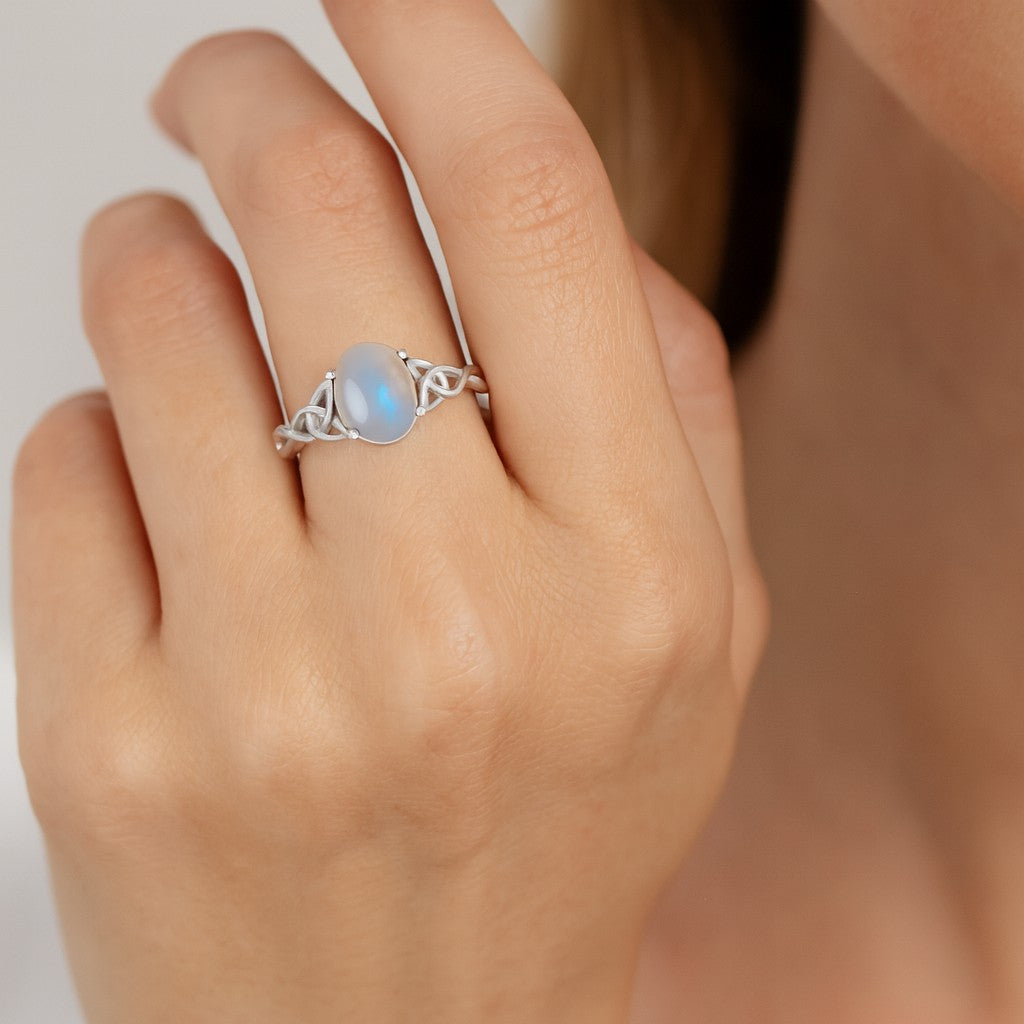 Celtic Knot Oval Solitaire Ring | Sterling Silver Birthstone Ring | Genuine Gemstone Studded Ring | Personalized Promise Ring | Gift for Her