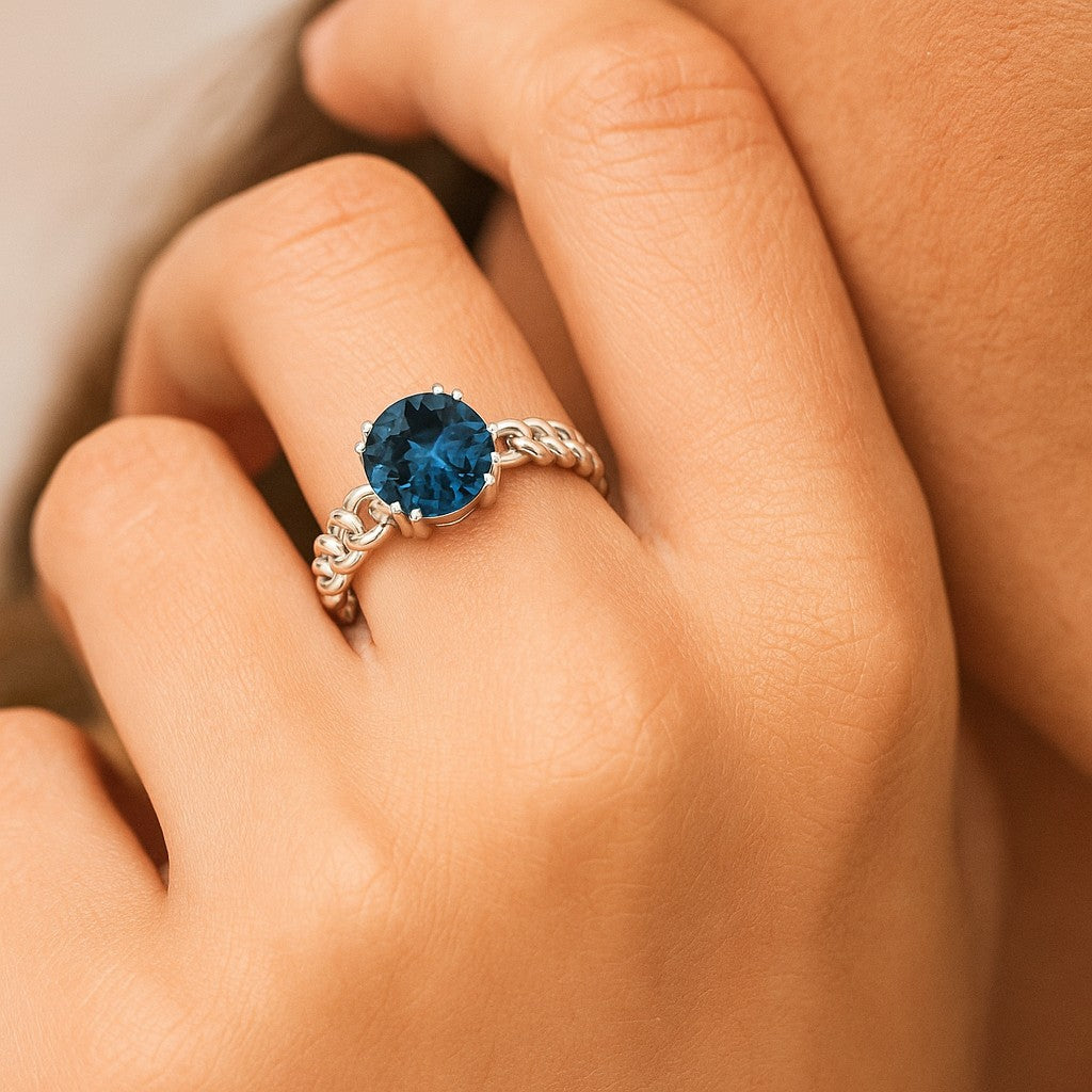Chain Link Solitaire Ring | Sterling Silver Birthstone Ring | Genuine Gemstone & Diamond Studded Ring | Personalized Promise Ring | Gift for Her
