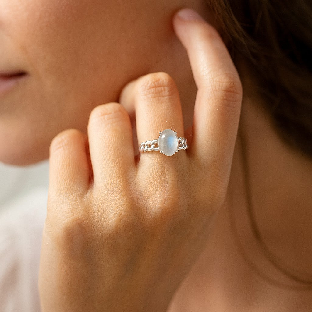 Chain Link Solitaire Ring | Sterling Silver Birthstone Ring | Genuine Gemstone Studded Ring | Personalized Promise Ring | Gift for Her