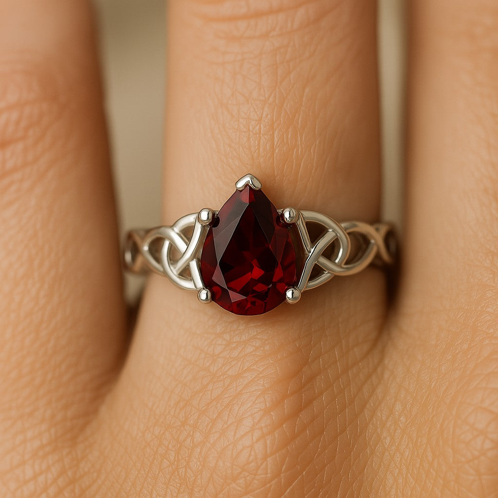 Celtic Knot Pear Solitaire Ring | Sterling Silver Birthstone Ring | Genuine Gemstone Studded Ring | Personalized Promise Ring | Gift for Her
