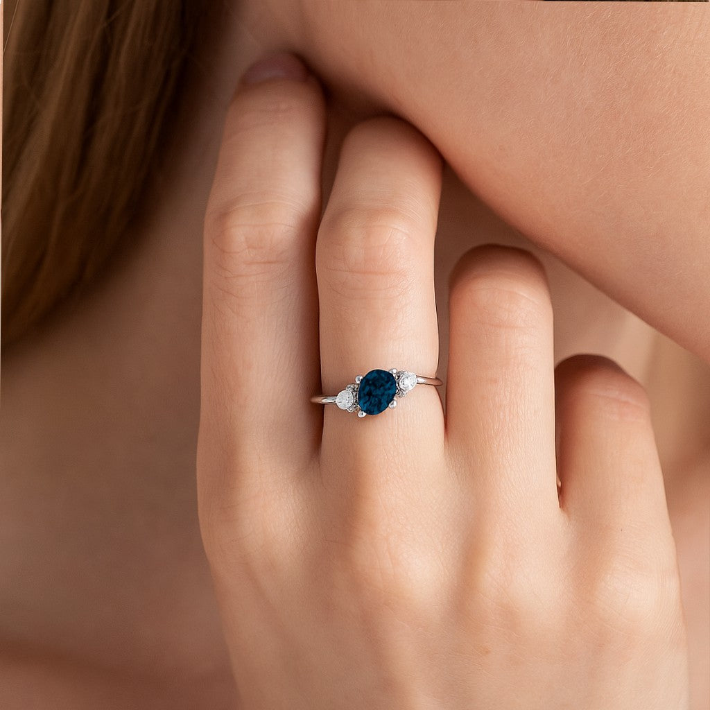 Three Stone Solitaire Ring | Sterling Silver Birthstone Ring | Genuine Gemstone & Diamond Studded Ring | Personalized Promise Ring | Gift for Her