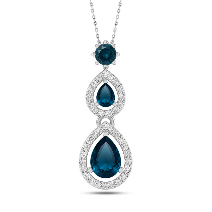 Double Pear Halo Drop Pendant | Sterling Silver Birthstone Necklace | Diamond Accent | Adjustable Chain | 15 Gemstone Choices