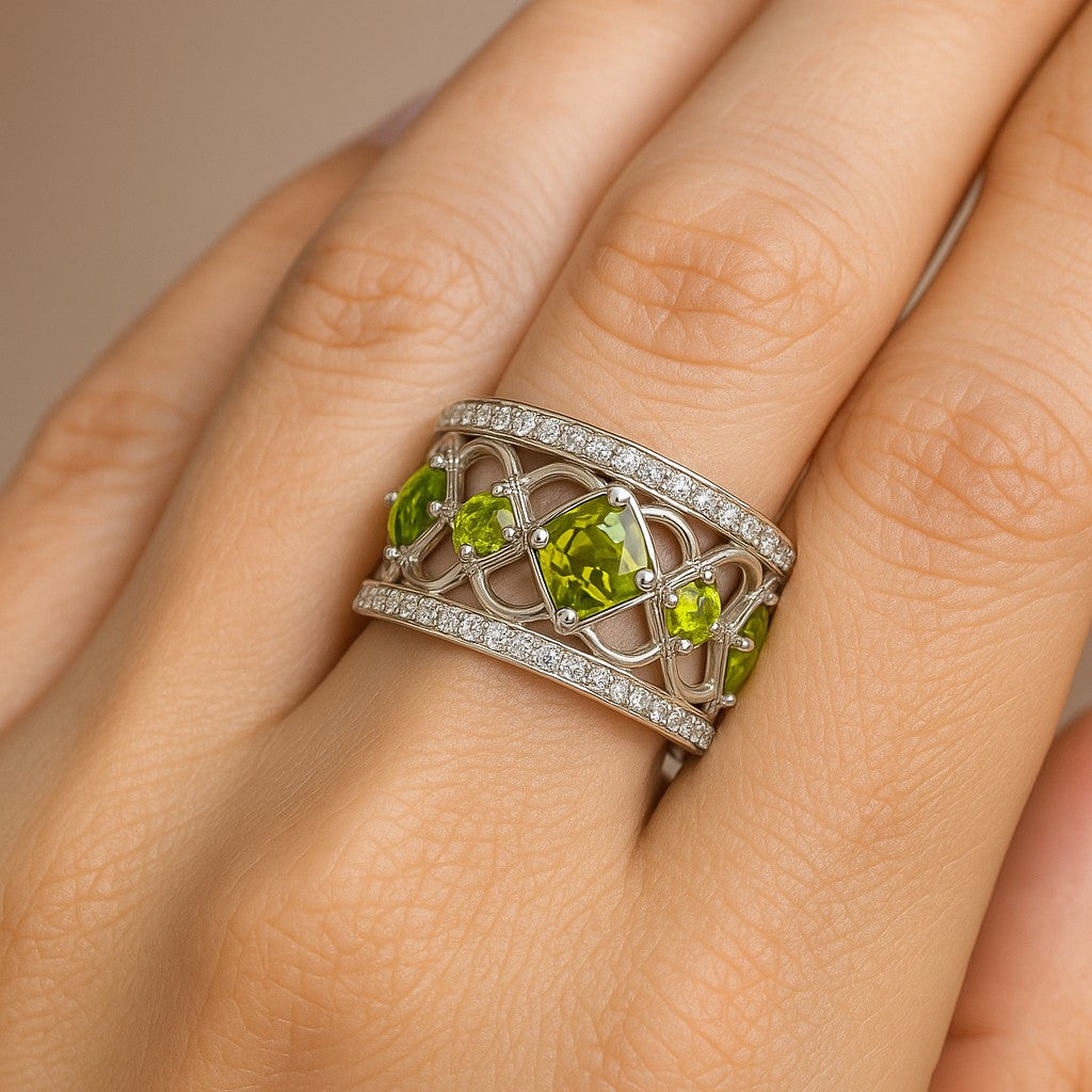 Celtic Knot Wide Band Ring | Sterling Silver Birthstone Ring | Genuine Gemstone & Diamond Studded Ring | Personalized Promise Ring | Gift for Her