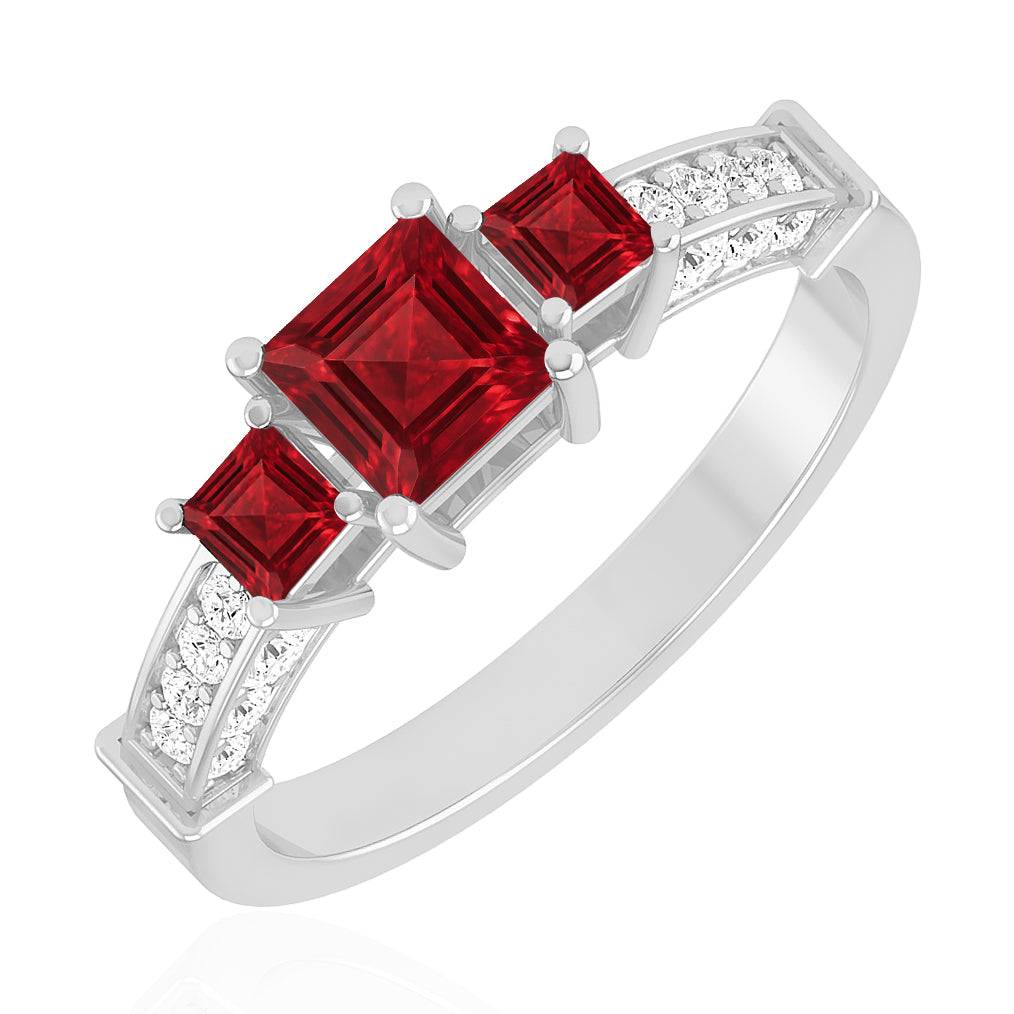 Princess Cut Three-Stone Ring | Sterling Silver Birthstone Ring | Genuine Gemstone & Diamond Studded Ring | Personalized Promise Ring | Gift for Her
