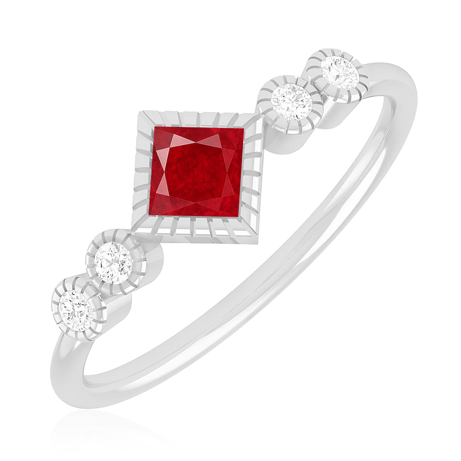 Princess Cut Bezel Three-Stone Ring | Sterling Silver Birthstone Ring | Genuine Gemstone & Diamond Studded Ring | Personalized Promise Ring | Gift for Her