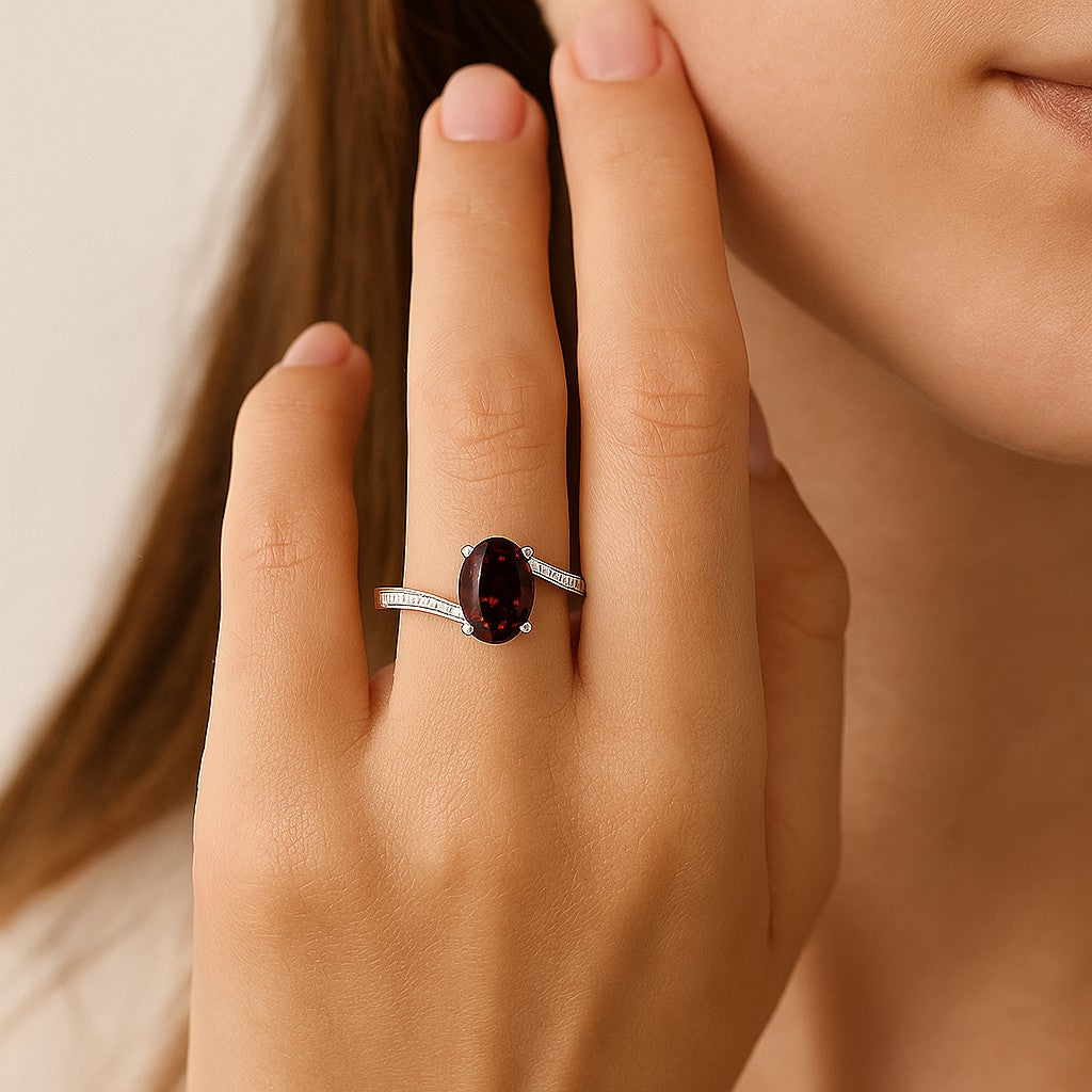 Oval Solitaire Ring | Sterling Silver Birthstone Ring | Genuine Gemstone & Diamond Studded Ring | Personalized Promise Ring | Gift for Her