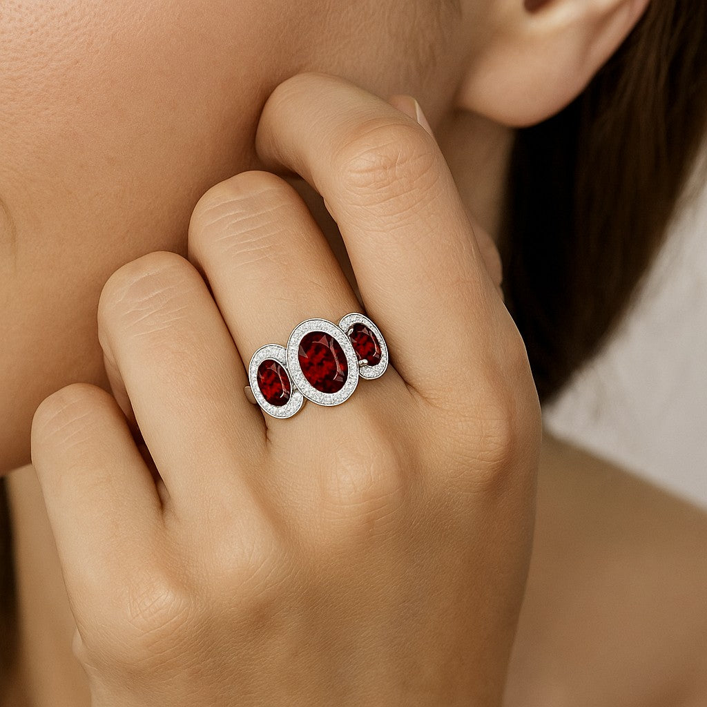 Oval Cut Three-Stone Ring | Sterling Silver Birthstone Ring | Genuine Gemstone & Diamond Studded Ring | Personalized Promise Ring | Gift for Her
