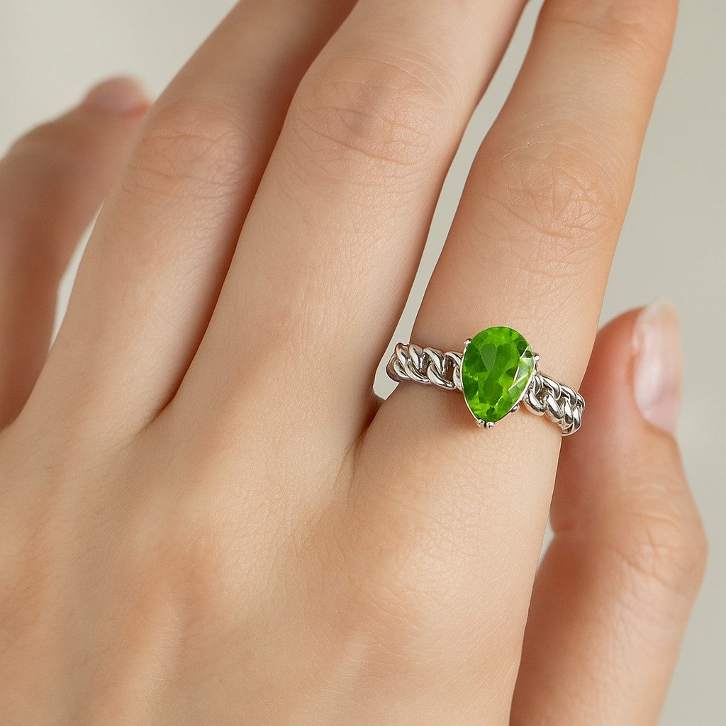 Chain Link Solitaire Ring | Sterling Silver Birthstone Ring | Genuine Gemstone Studded Ring | Personalized Promise Ring | Gift for Her