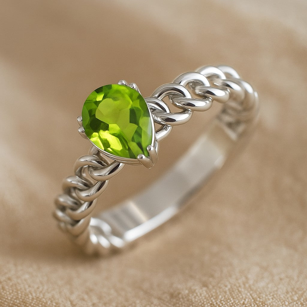 Chain Link Solitaire Ring | Sterling Silver Birthstone Ring | Genuine Gemstone Studded Ring | Personalized Promise Ring | Gift for Her
